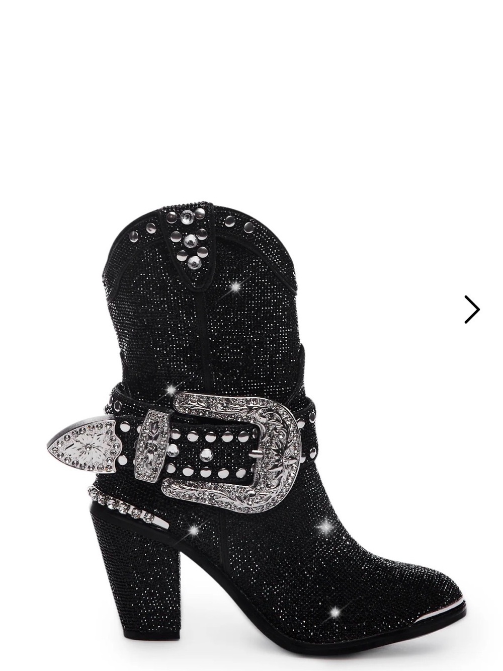 Dolls Kill Black Glitter Western Ankle Boots with Studded Buckle - Picture 2 of 10